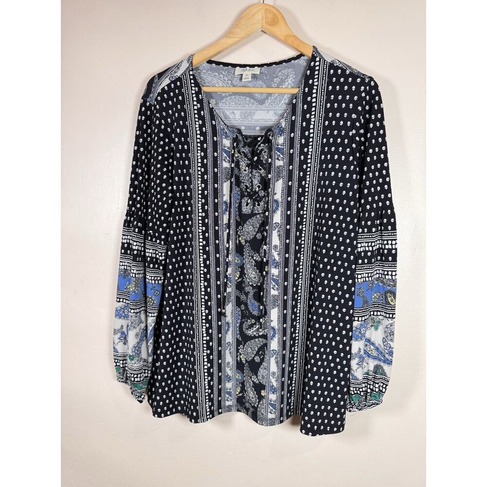 Style & Co. Womens Plus Size Peasant Blouse Liquid Knit 0X Paisley Mixed Print